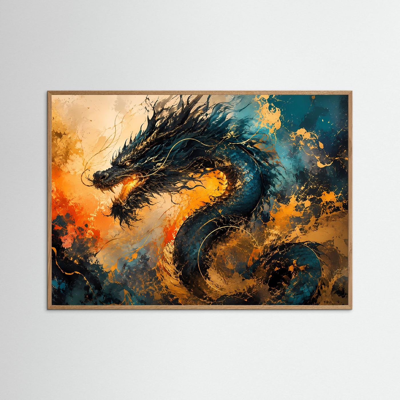 Fantasy-Poster Querformat mit dunklem Drachen und Farbwirbeln, im Naturholzrahmen