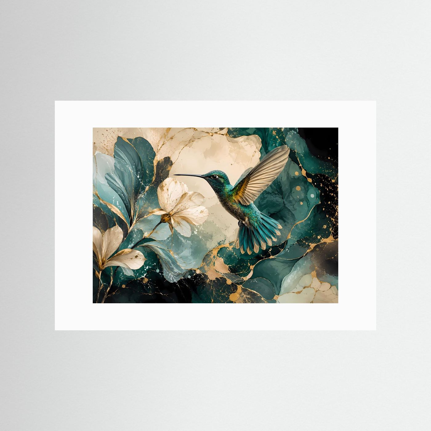 Kolibri mit Magnolienblüten Poster | Elegante Vogelkunst in Türkis Gold Modernes Blumen Wandbild Querformat