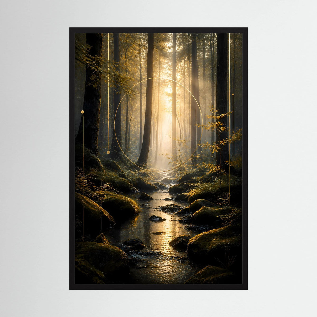 Hochformat-Poster im schwarzen Rahmen mit Waldweg, goldenem Licht und Bach