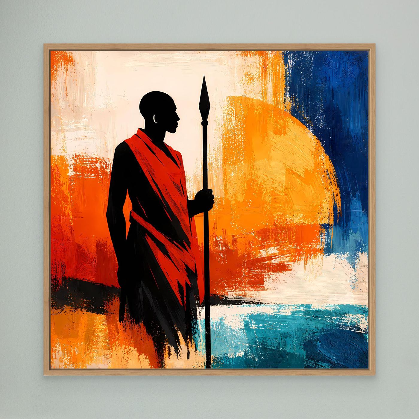 Leinwand Afrikanischer Krieger bei Sonnenuntergang | Modernes Ethno Silhouette Wandbild