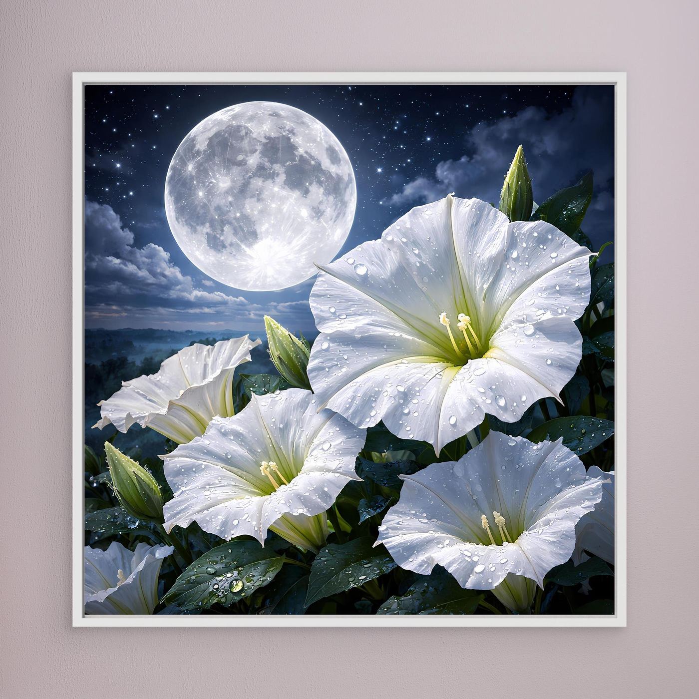 Wandbild mit weißem Mond und weißen Blüten im nächtlichen Himmel, weißer Rahmen