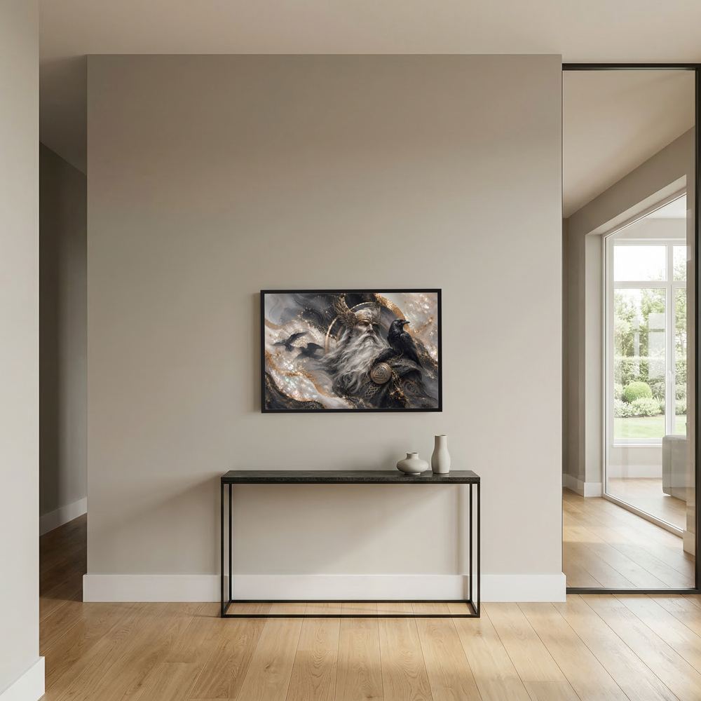 Querformatposter mit Odin und Raben, schwarzer Rahmen, an der Wand präsentiert
