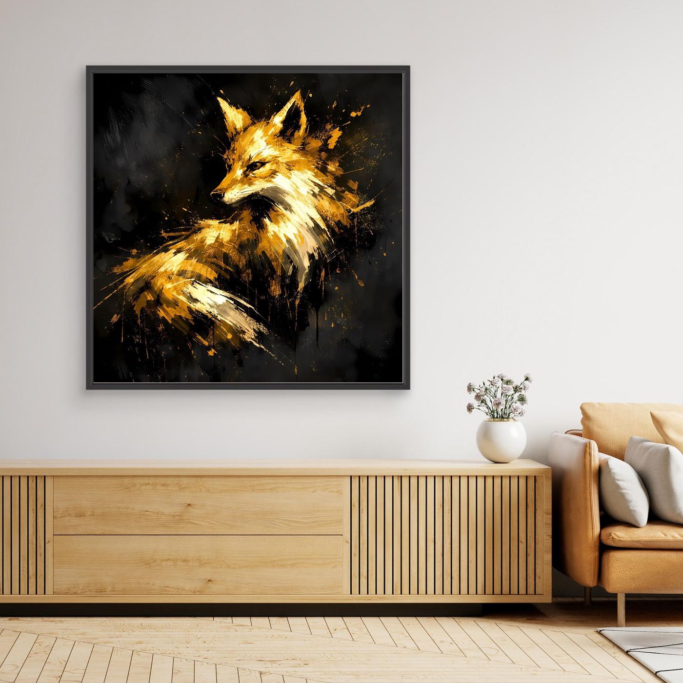 Leinwand Majestätischer Fuchs in Gold und Schwarz | Modernes Abstraktes Wildtier Wandbild