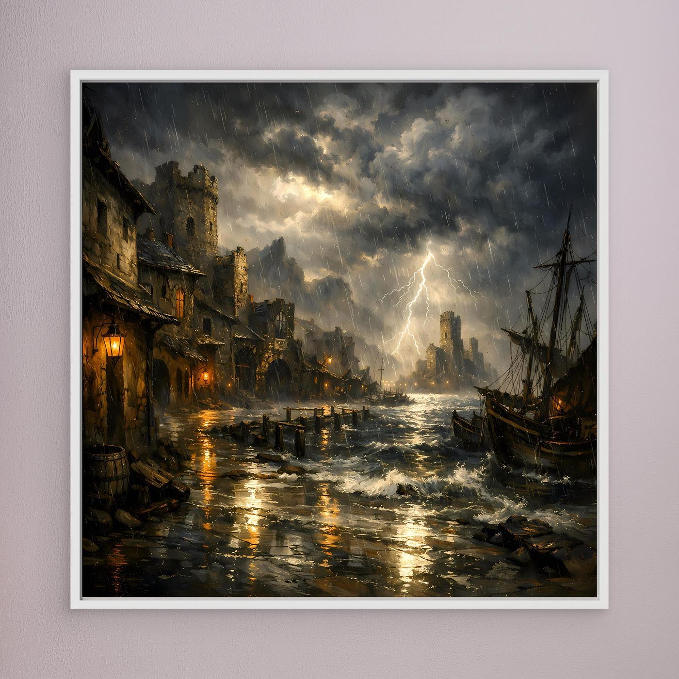 Leinwandbild mit Gewitter über dem Hafen: Blitz, nasse Uferkante und Boote, weiße Einfassung