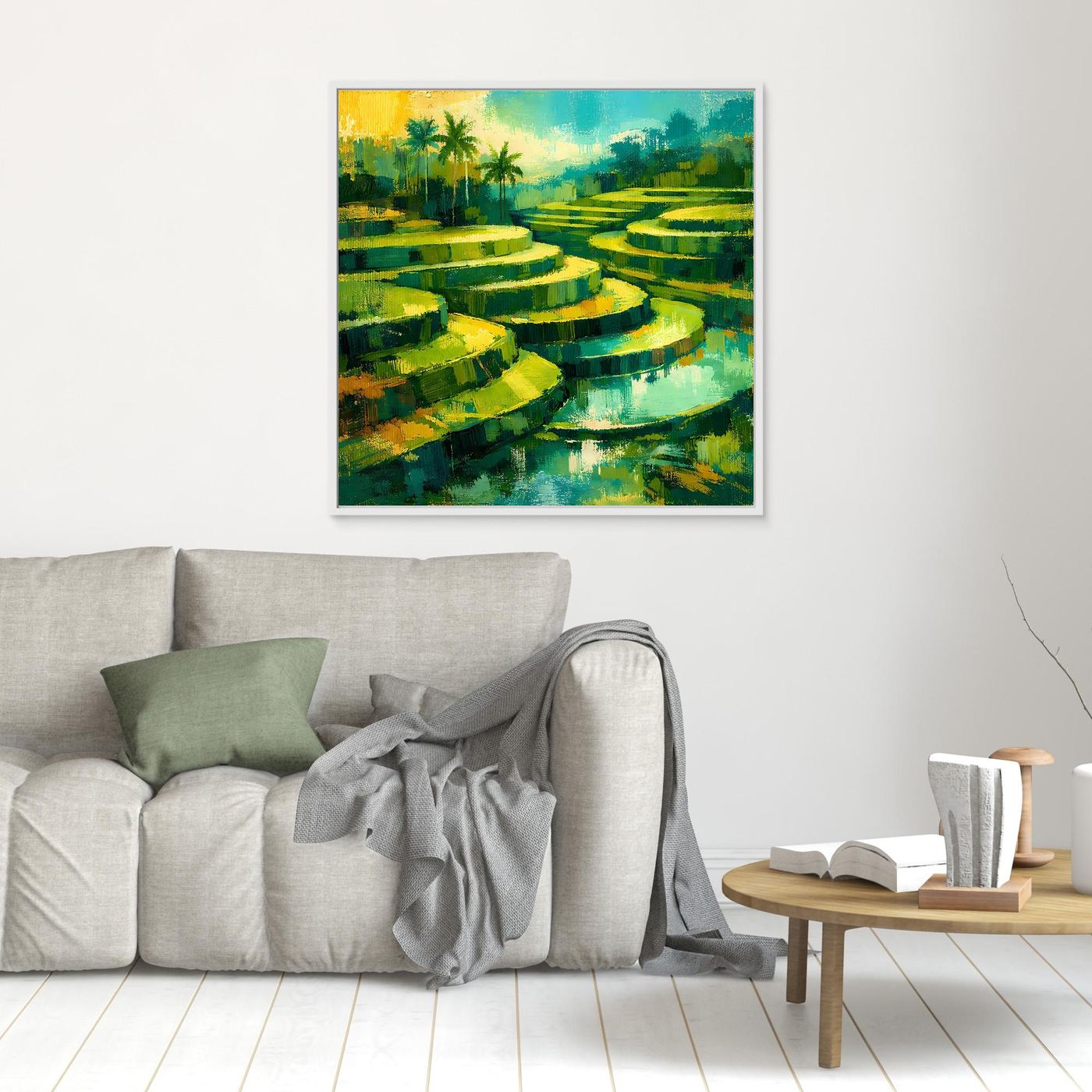 Abstraktes Wandbild auf Leinwand mit grünen Terrassen und Wasserspiegel, weißer Rahmen