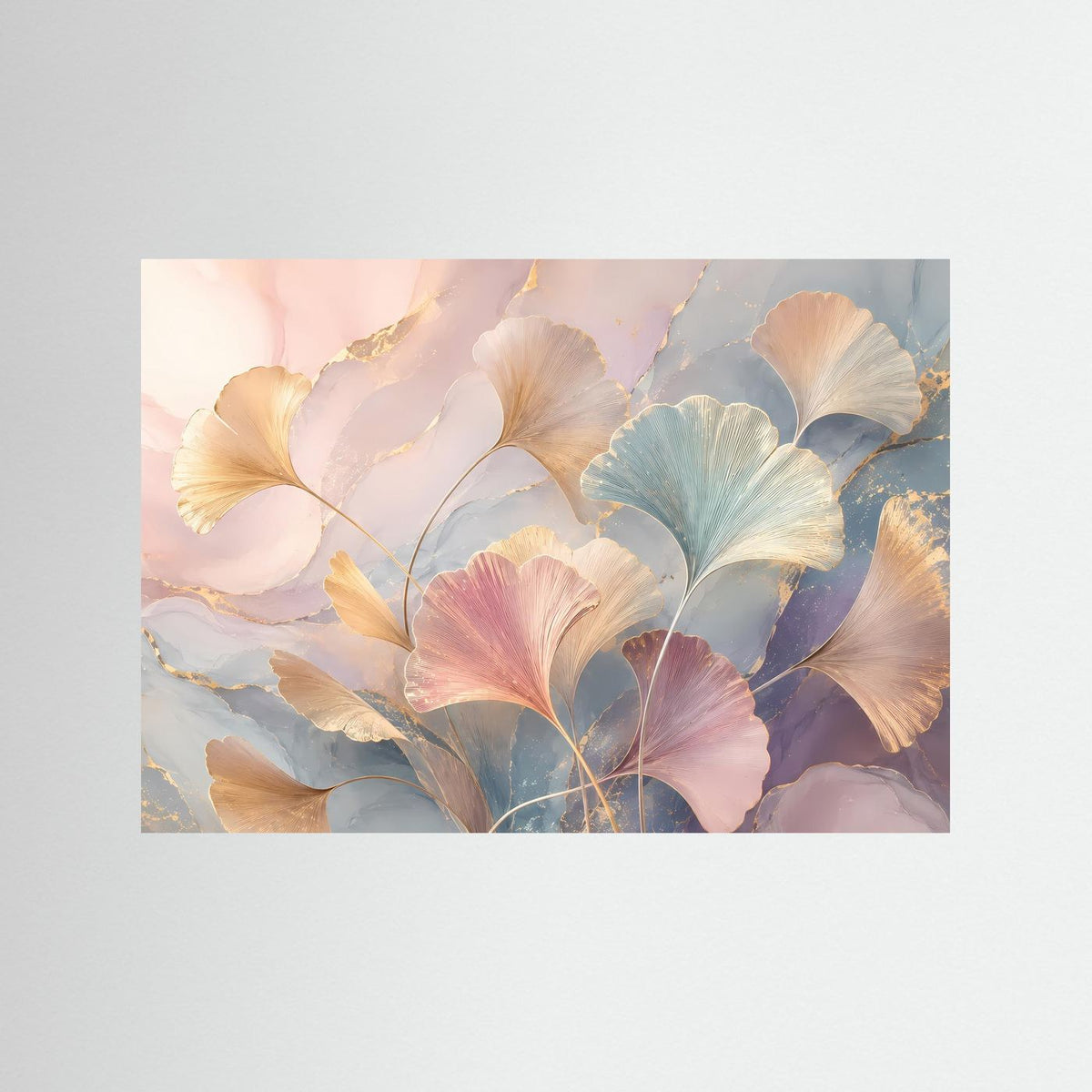 Abstraktes botanisches Poster mit Ginkgo-Blättern in Pastellfarben und Goldakzenten