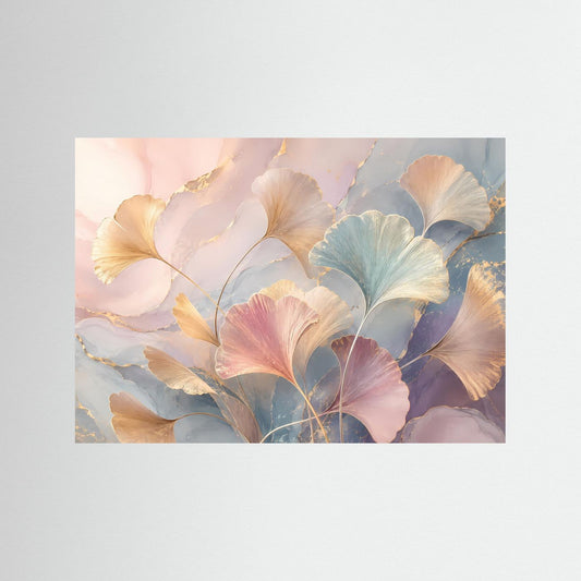 Abstraktes botanisches Poster mit Ginkgo-Blättern in Pastellfarben und Goldakzenten
