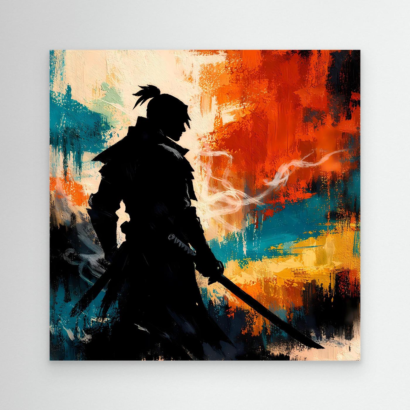 Samurai-Wandbild ohne Rahmen: schwarze Silhouette mit Schwert auf farbiger Leinwand
