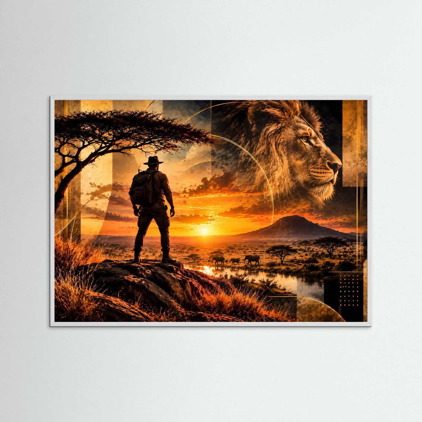 Querformat-Poster im weißem Holzrahmen: Löwe rechts, Ranger mit Rucksack im Sonnenuntergang