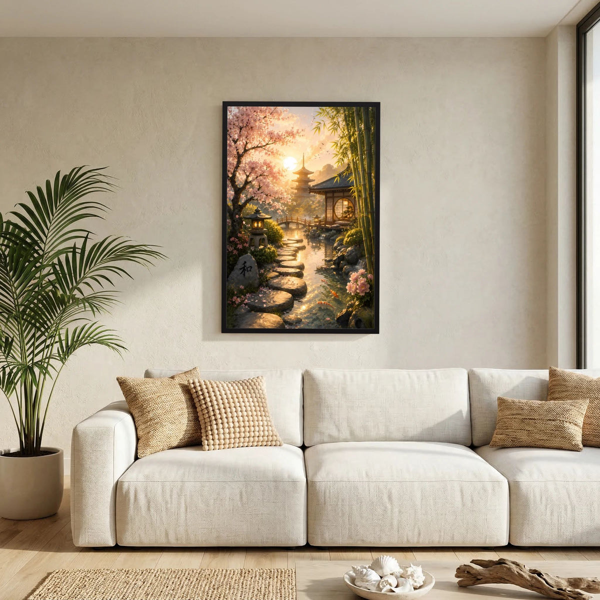Wandposter im Hochformat mit Zen-Garten-Motiv aus Kirschblüten und Bambus, schwarzer Rahmen