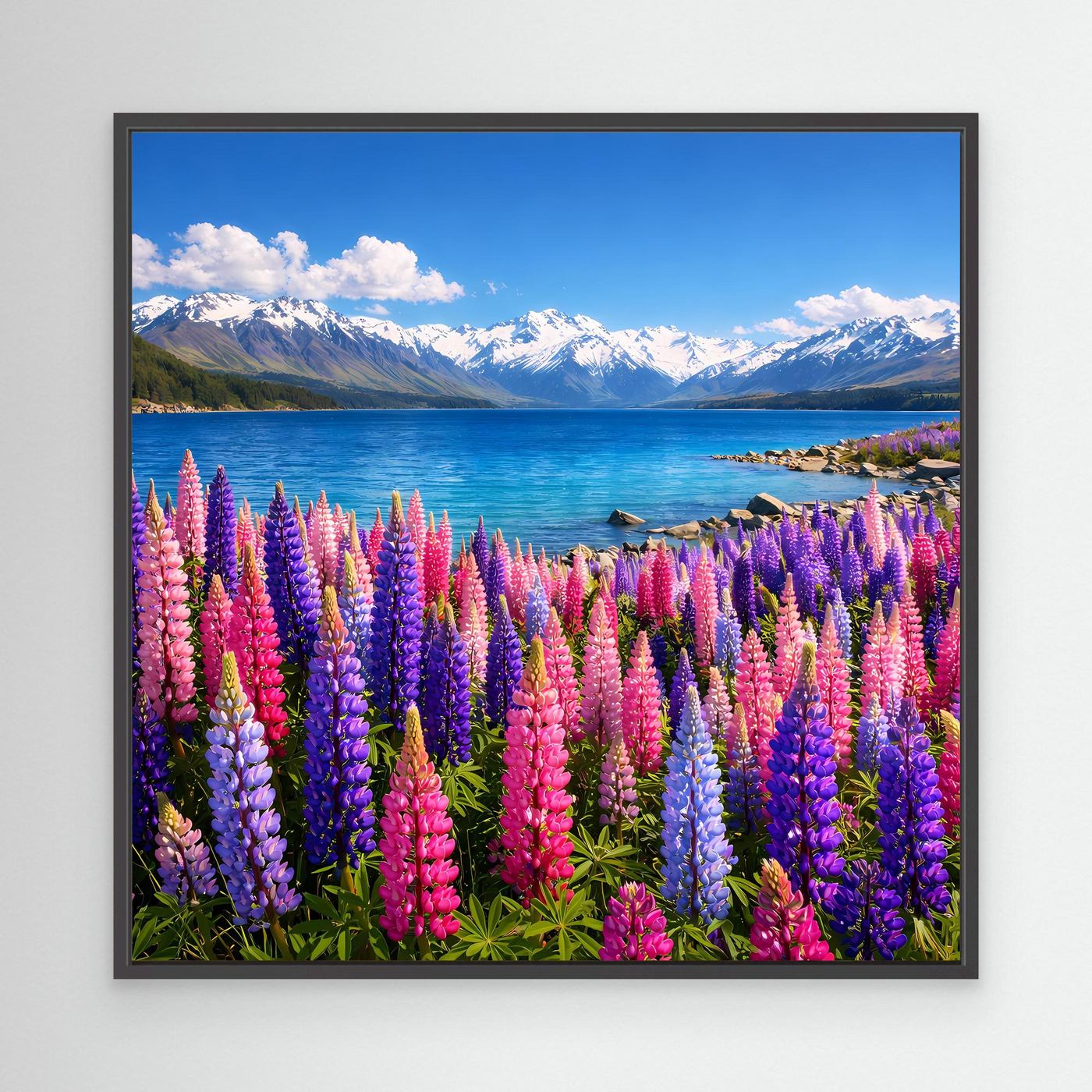 Leinwandbild mit bunten Lupinen am Bergsee im schwarzen Rahmen
