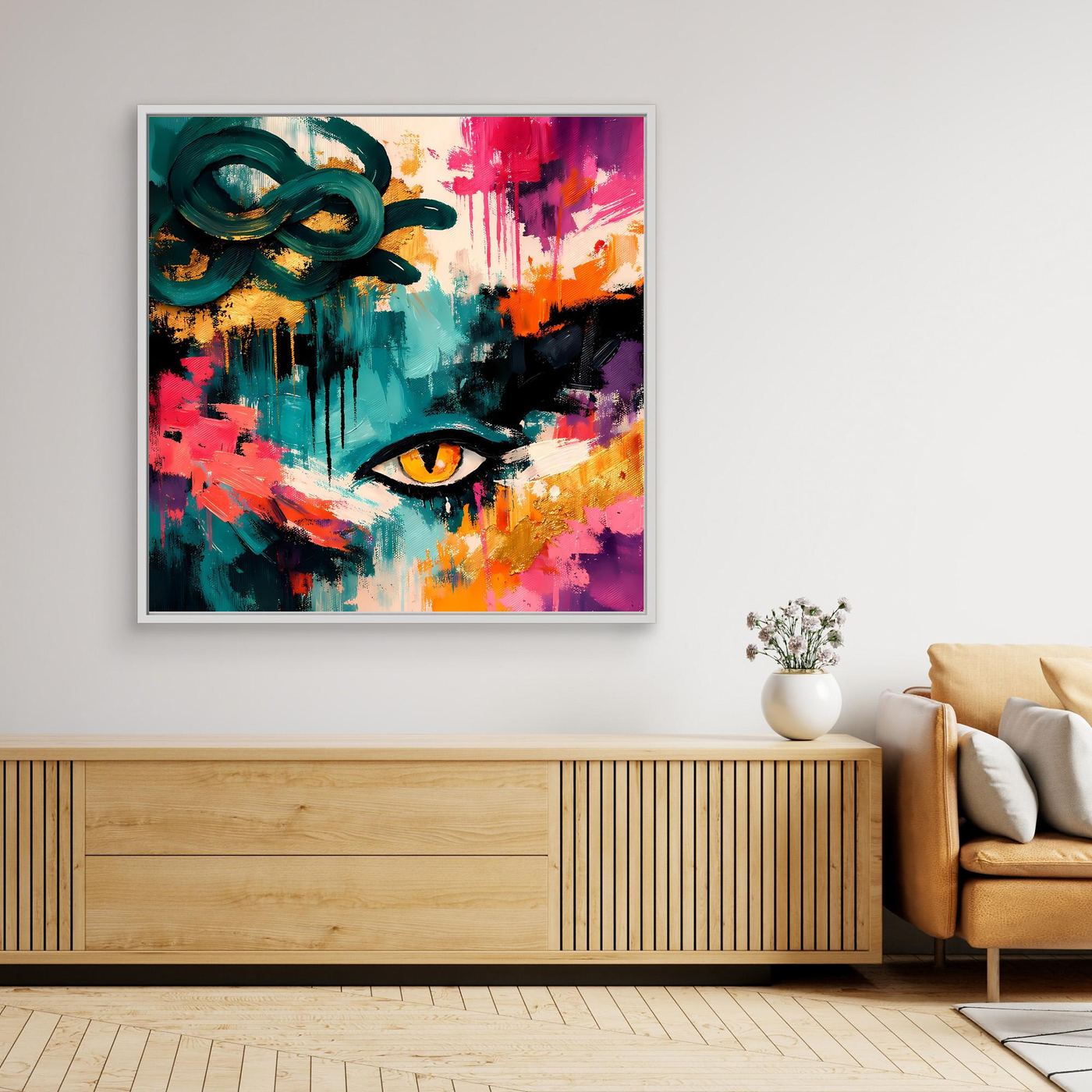 Leinwand-Wandbild abstraktes Medusa-Auge, bunte Farbflecken, weißer Rahmen