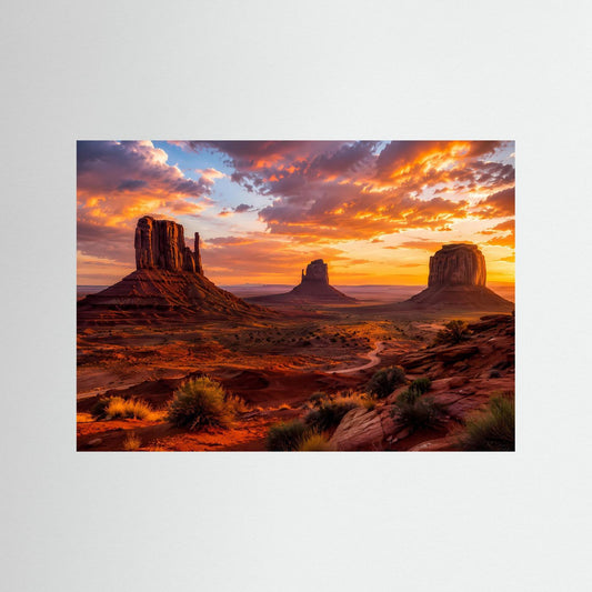 Wüstenlandschaft-Poster mit Felsformationen und goldenem Sonnenuntergang