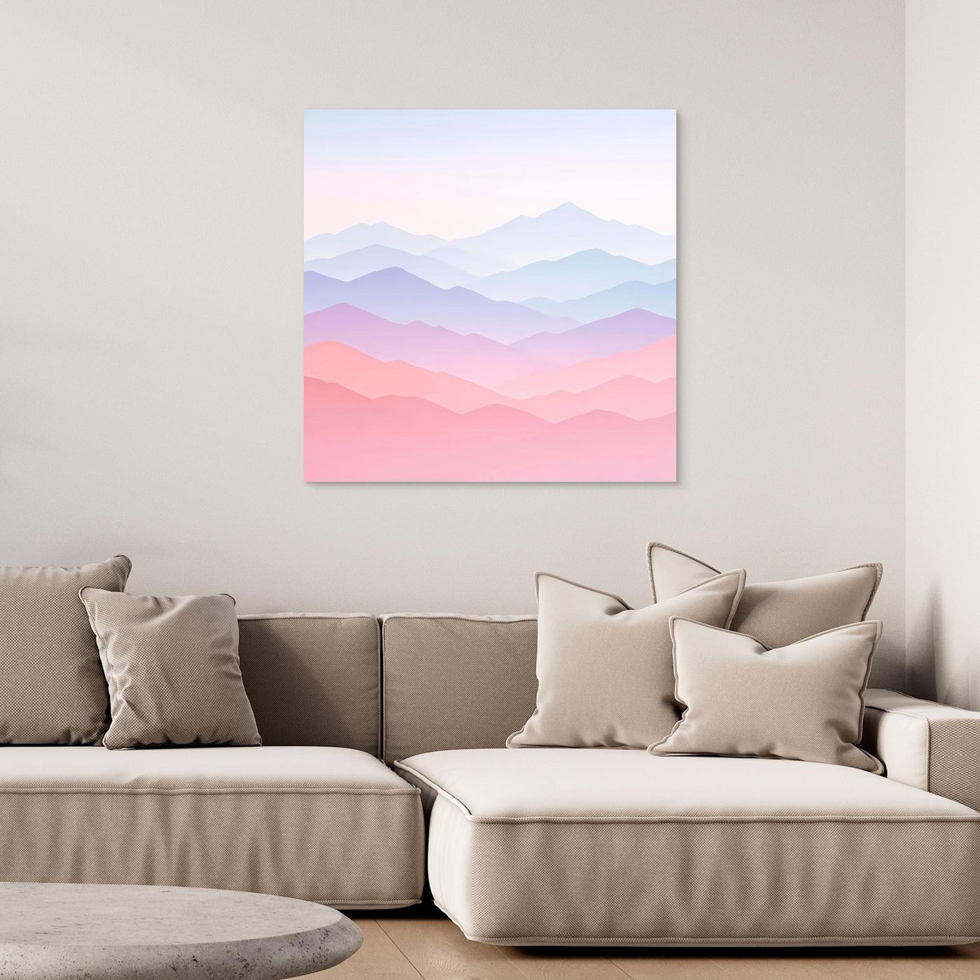 Leinwandbild mit pastellfarbenem Bergpanorama ohne Rahmen
