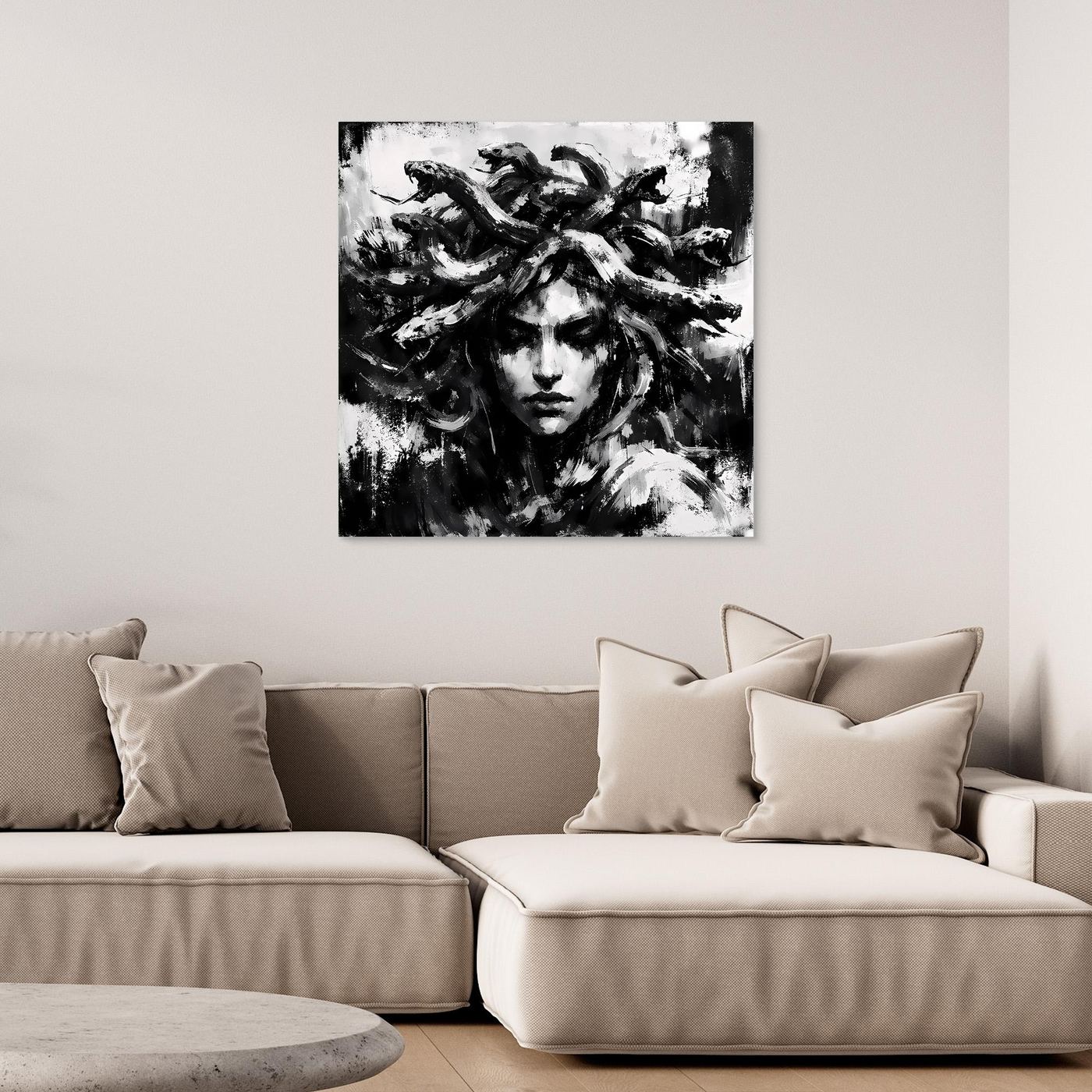 Abstract Medusa canvas wall art, black-and-white figure with swirling hair texture