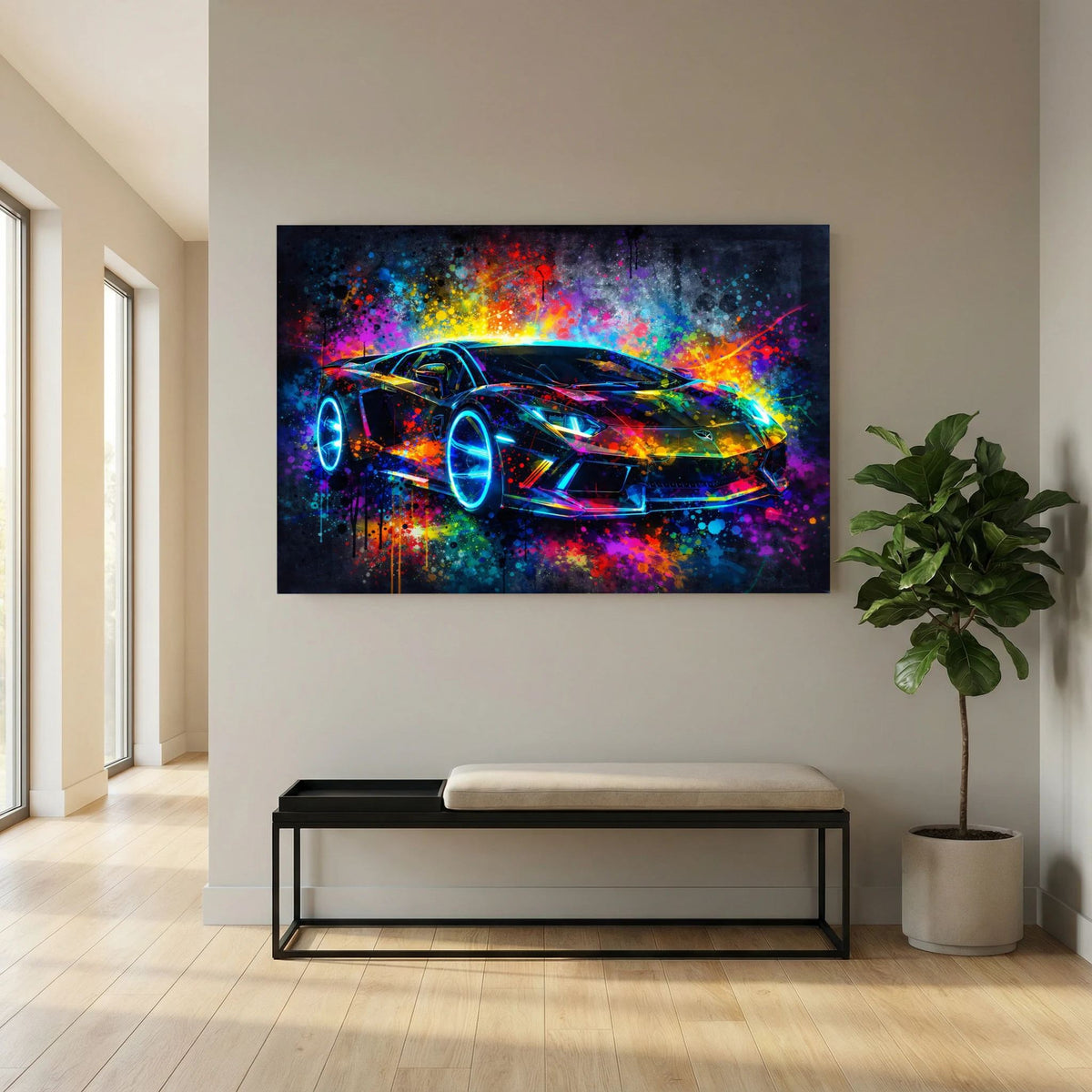 Abstraktes Sportwagen-Poster mit Neon-Supercar und schimmernden Farbpartikeln auf dunklem Grund