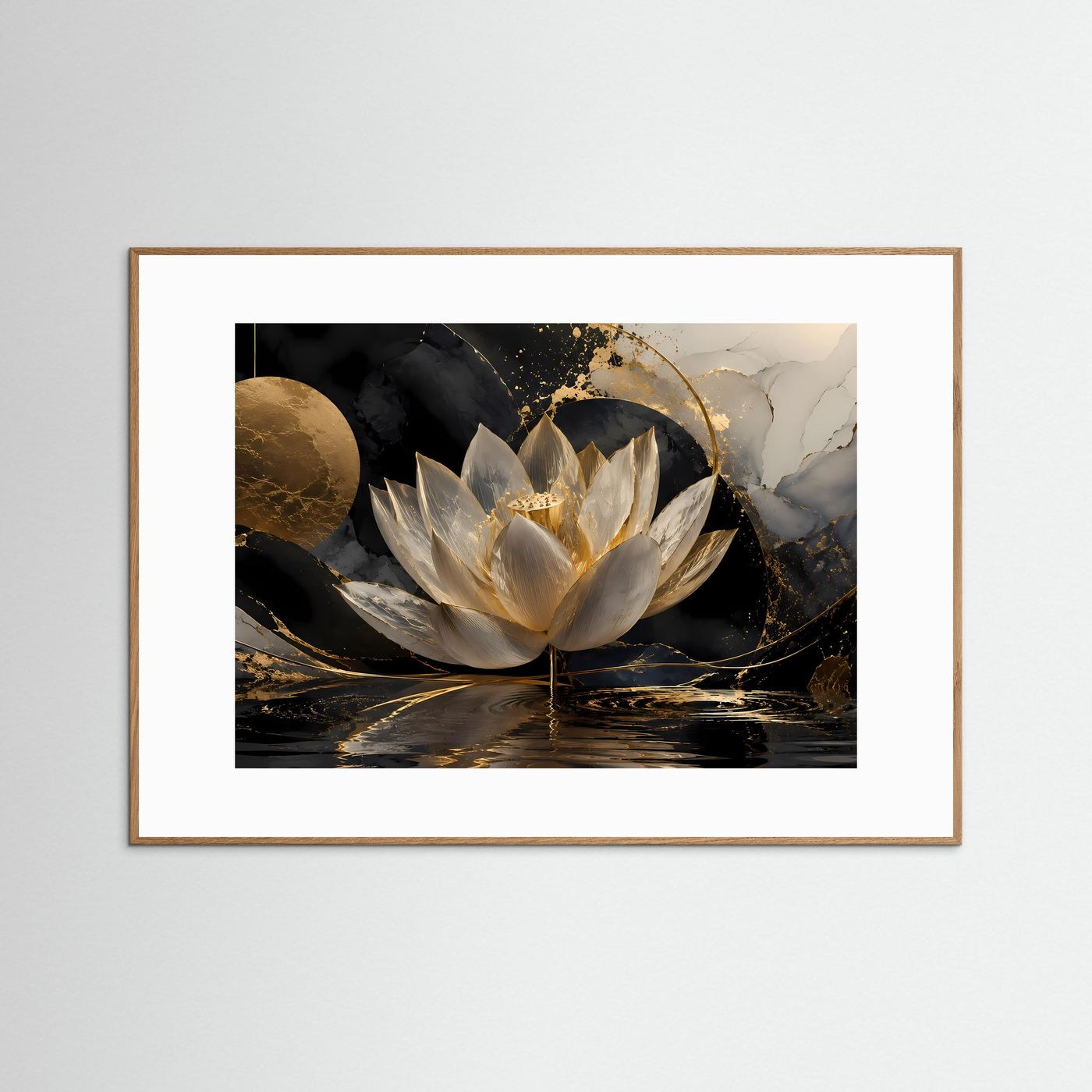 Weiße Lotusblüte Wandbild | Schwarz Gold Lotus Kunst | Elegante Zen Botanical Wall Art | Luxuriöse Meditation Leinwand | Moderne Wellness Deko