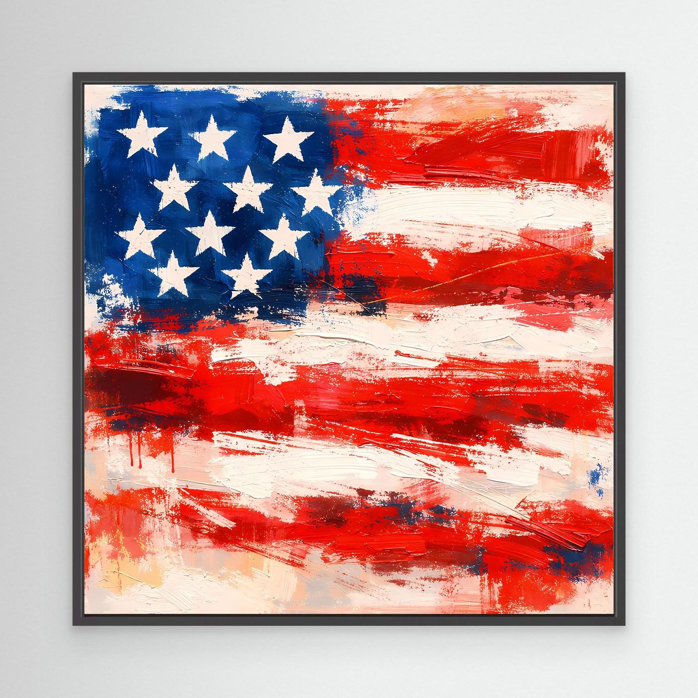Abstract USA flag canvas wall art, blue stars and red/white brush stripes, black frame