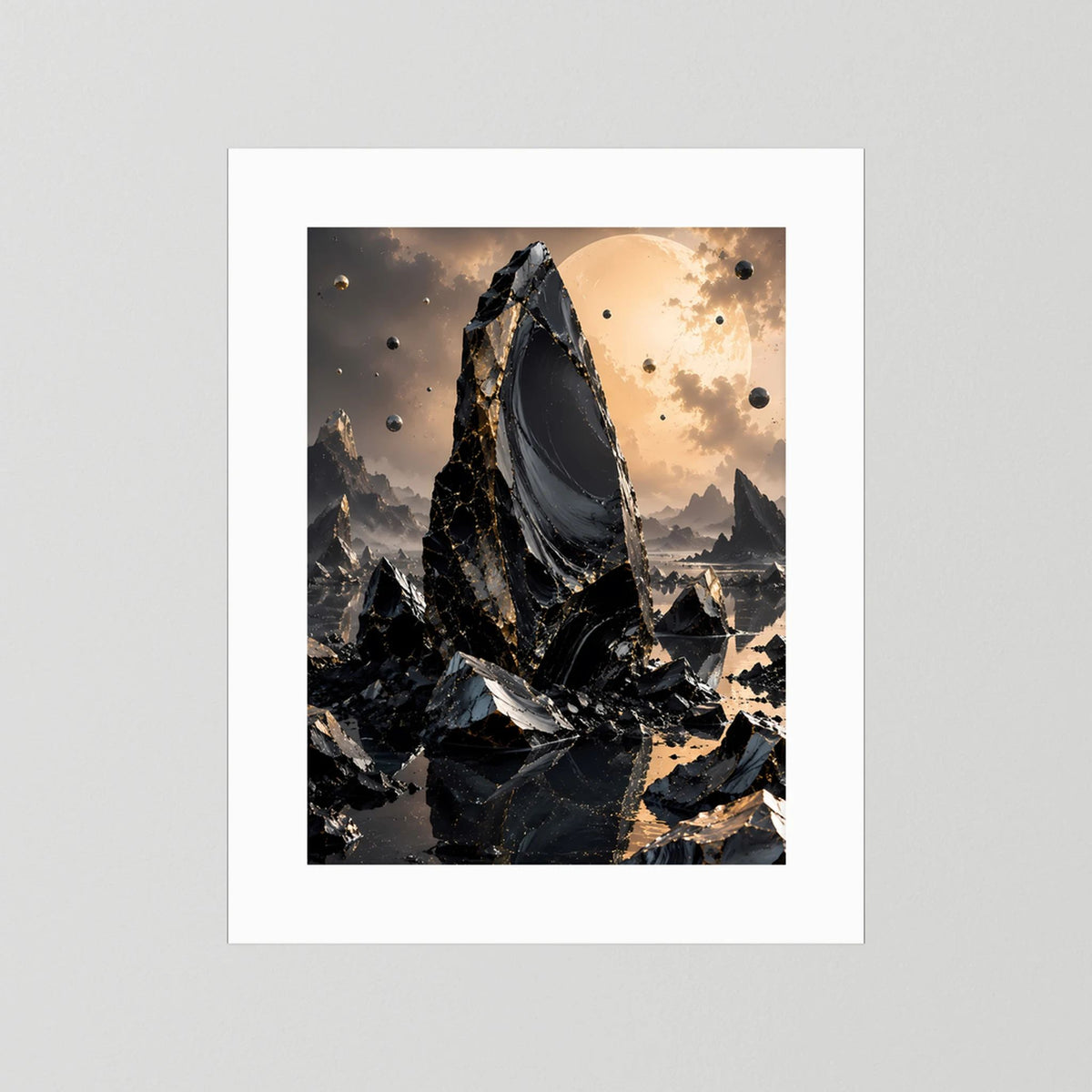Poster mit weißem Rand: schwarzer Obsidian-Monolith und goldene Sonne, Hochformat