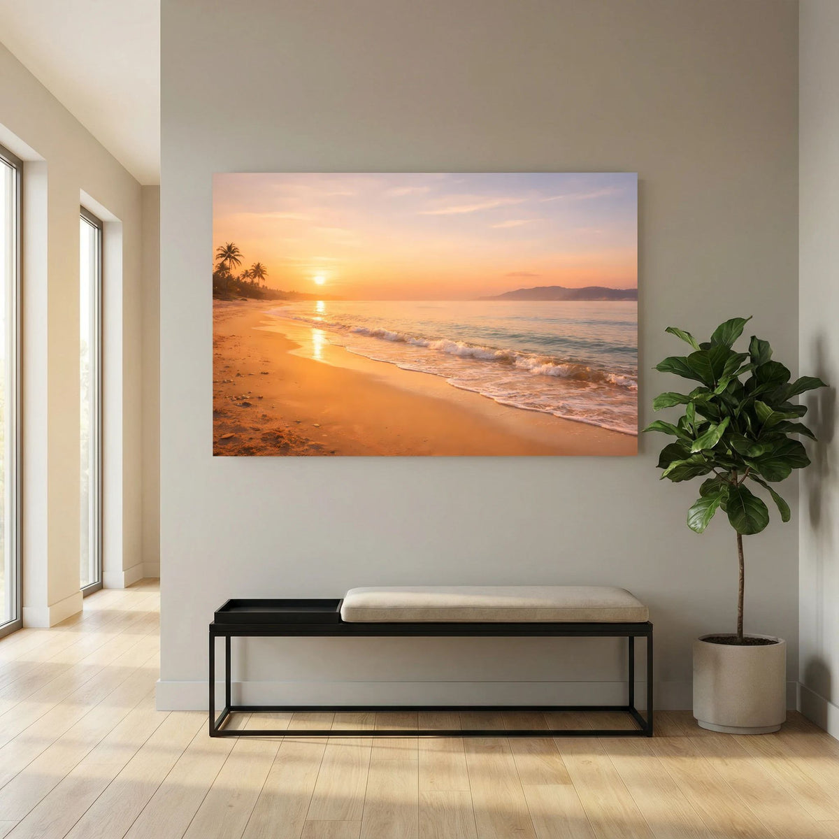 Wandbild Querformat mit Strandpanorama und untergehender Sonne über dem Meer