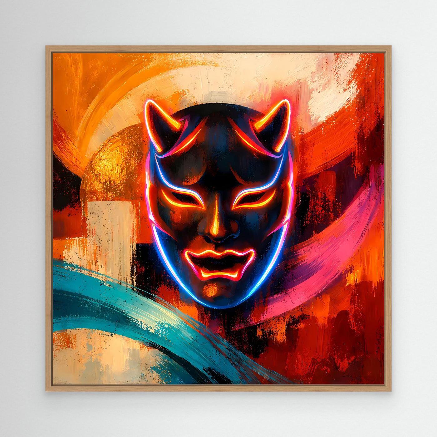 Leinwandbild mit Neon-Oni-Maske, orange-pinke Farbflächen, blaues Leuchten, Holzrahmen