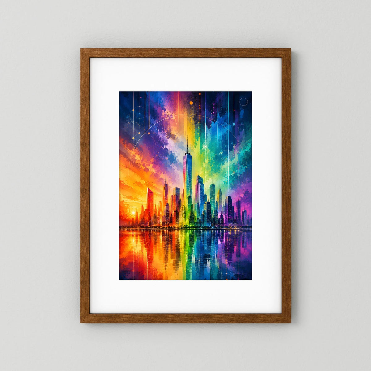 Poster mit Regenbogen-Skyline und Wasserreflexion, Holzrahmen (dunkelbraun)