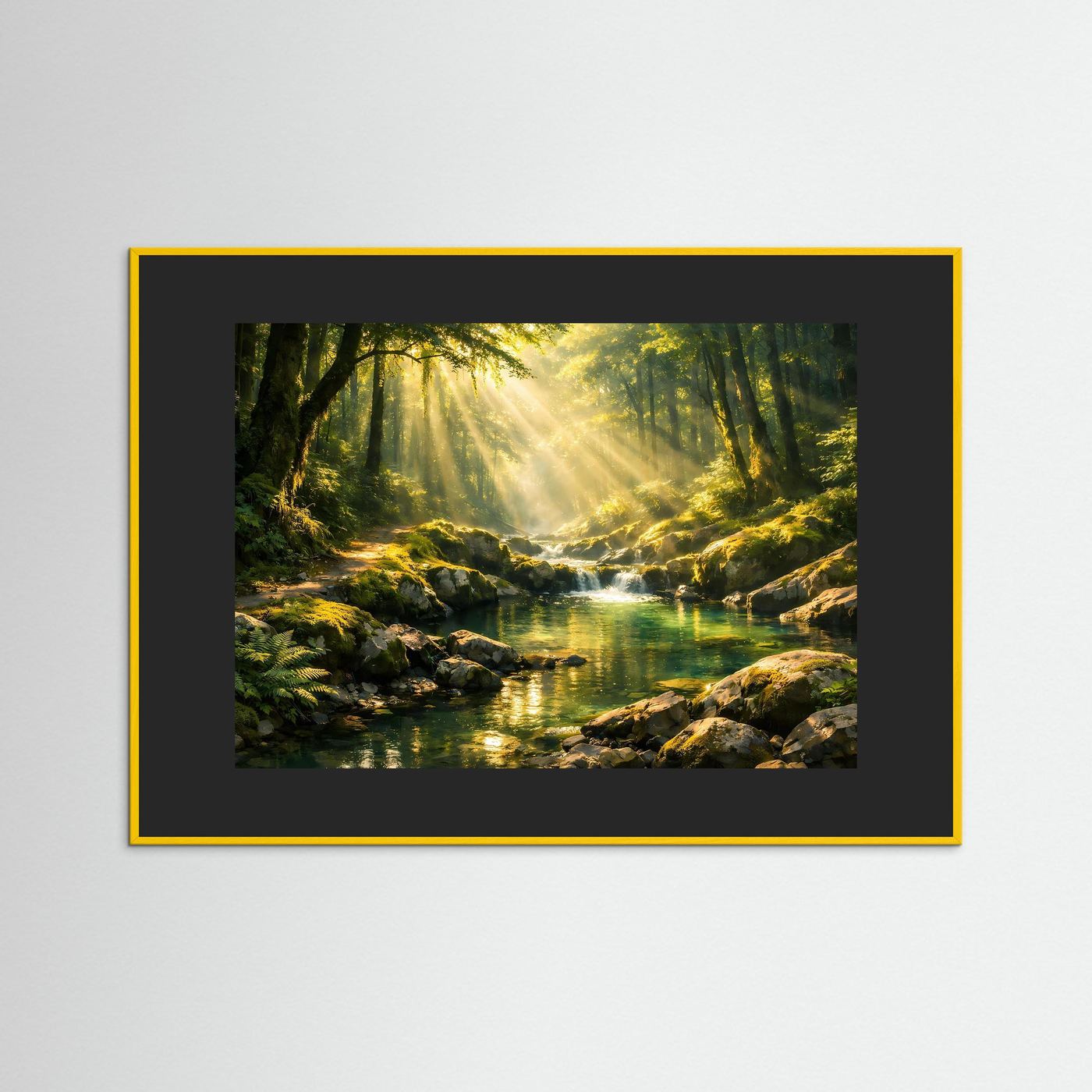 Wandbild mit Bach im Wald, Sonnenstrahlen, schwarzer Rahmen mit gelbem Rand