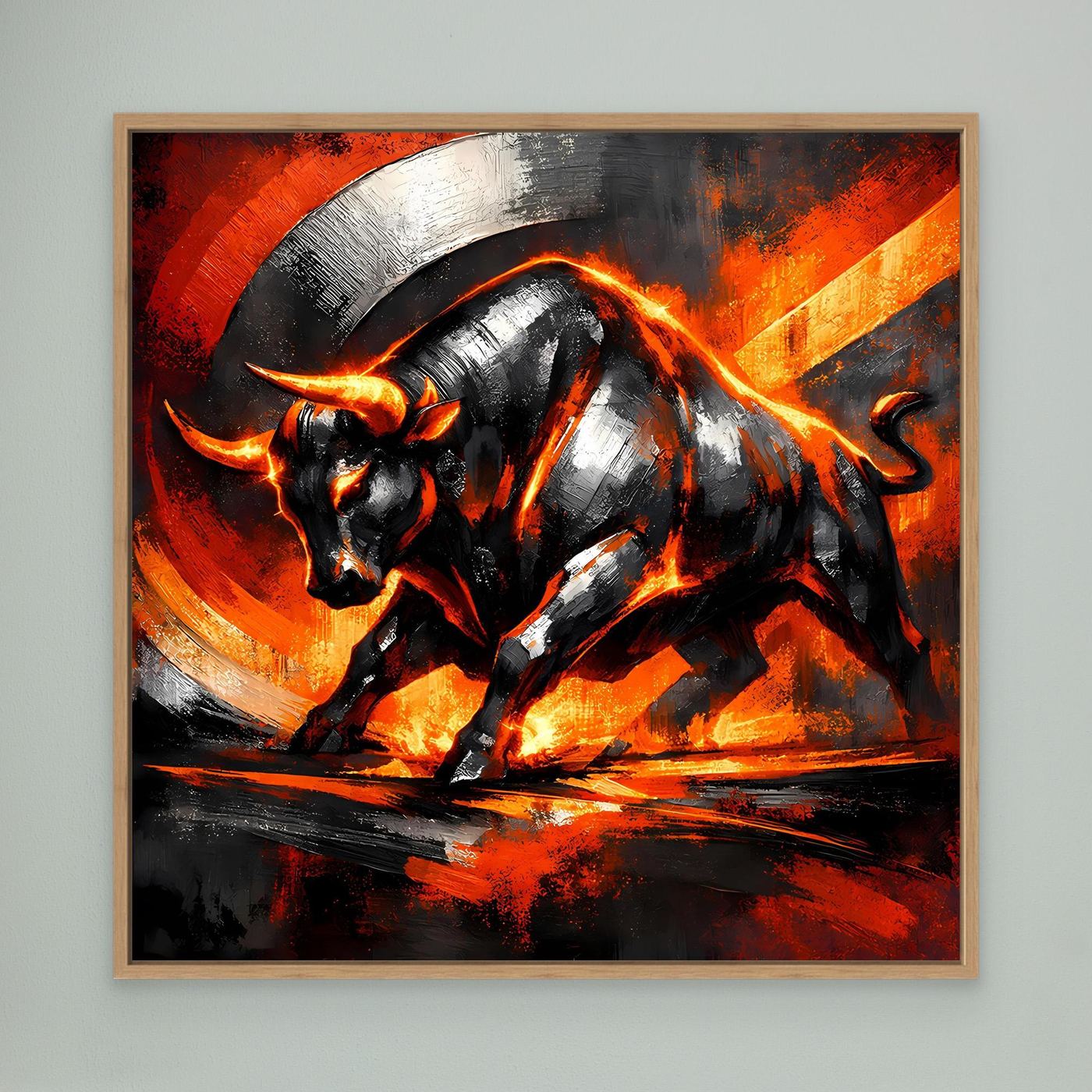 Leinwand-Wandbild mit abstraktem Stier, schwarz-grau, orange Flammen in hellem Holzrahmen