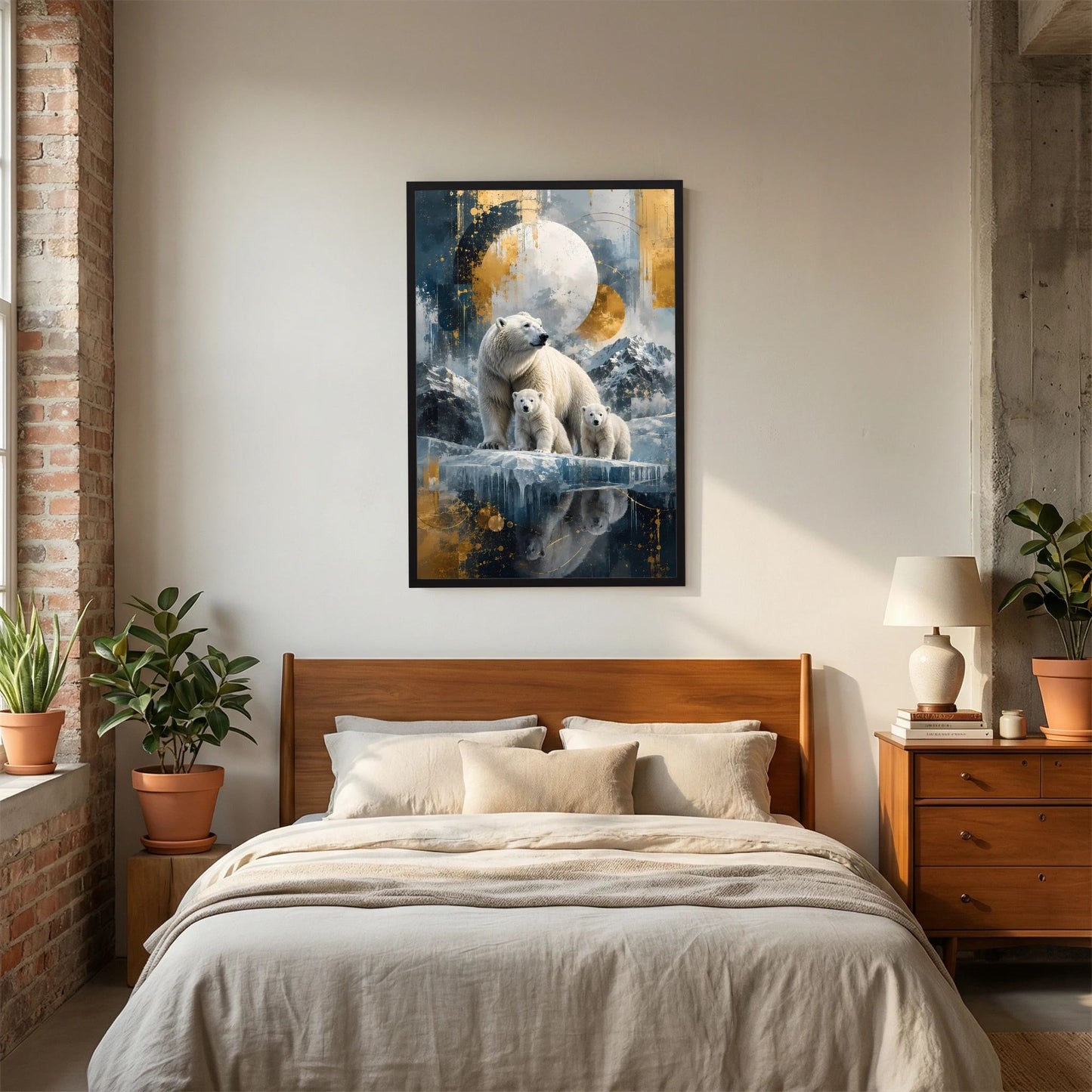 Hochformat-Poster mit schwarzem Rahmen: Eisbärenfamilie vor Mond und Eis