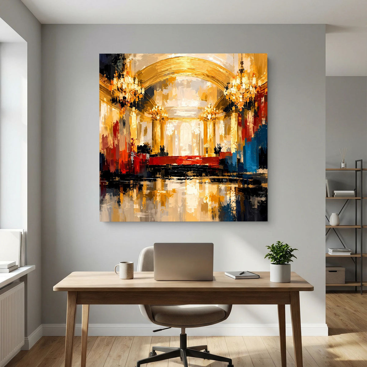 Leinwand Abstraktes Palast Saal Gemälde | Modernes Elegantes Wandbild Ballsaal Gold Rot