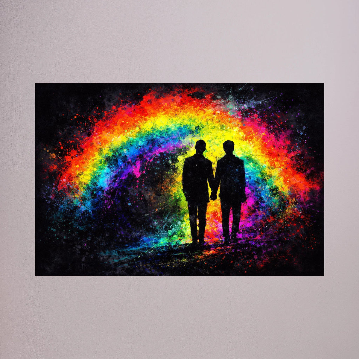 Wandbild im Querformat mit leuchtendem Regenbogen und zwei Silhouetten