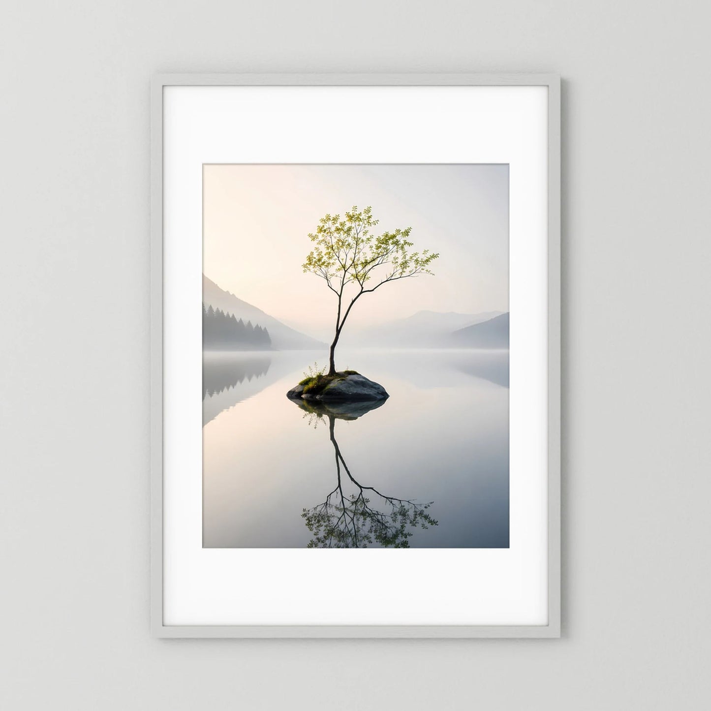 Einsamer Baum im Bergsee | Minimalistische Natur mit Spiegelung | Poster Hochformat