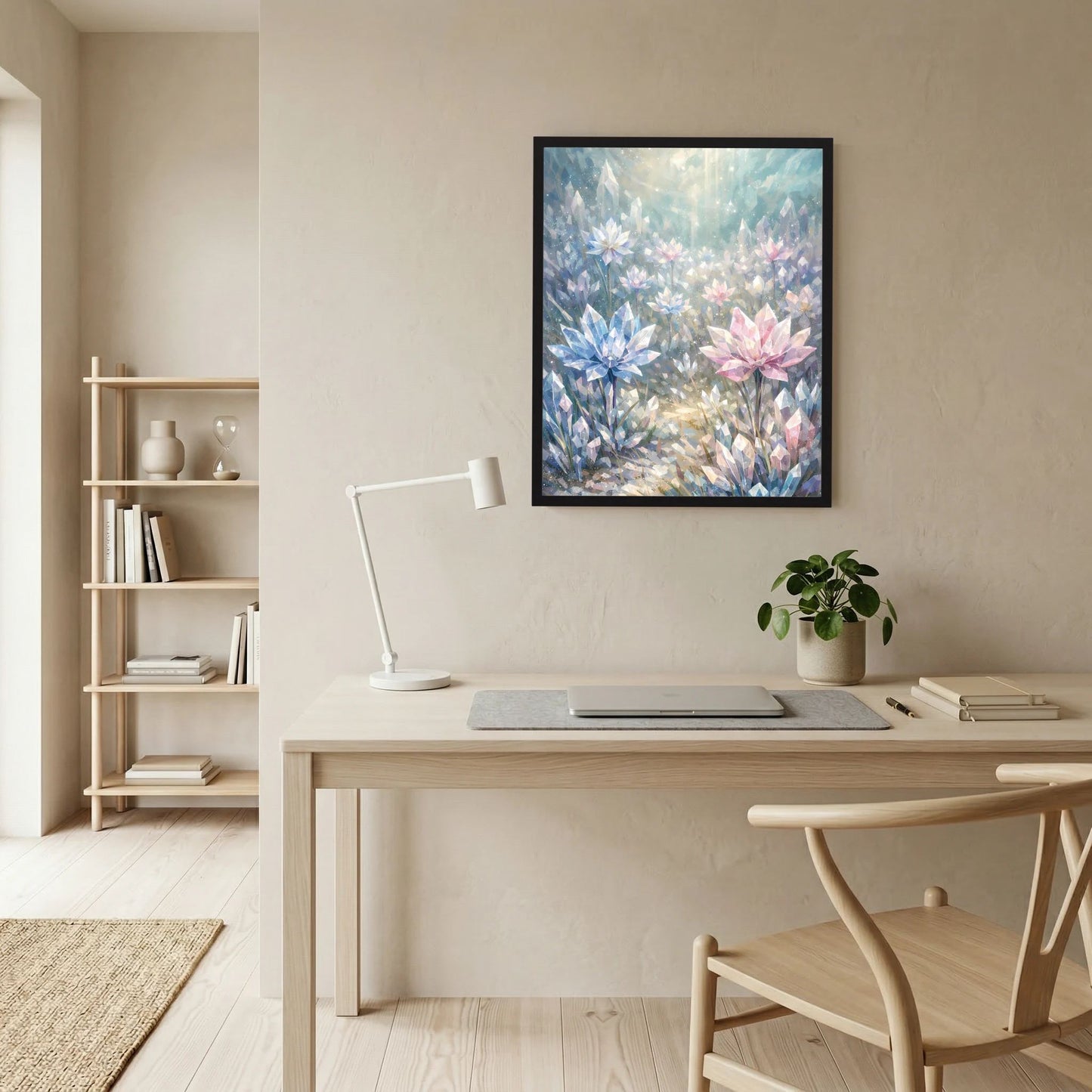 Gerahmtes Hochformat-Poster mit Kristallblumen-Motiv in Pastellblau und Rosafarben