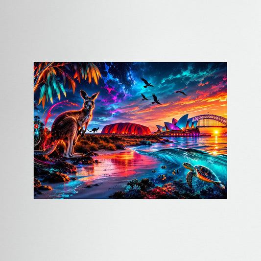 Gerahmtes Australien-Poster mit Känguru und Meeresschildkröte an der Küste, Sonnenuntergang.