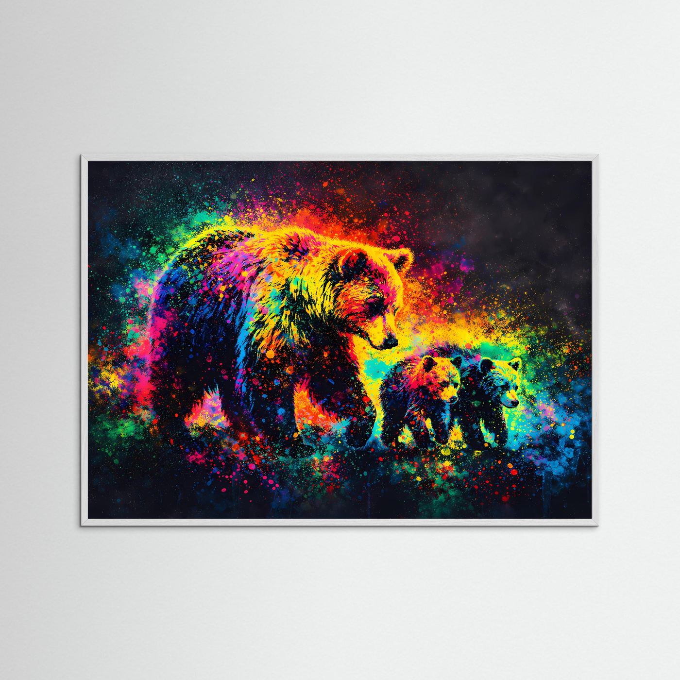 Bärenfamilien-Poster im Pop-Art-Splash: Bär und Jungtier, farbige Sprenkel, dunkler Rahmen
