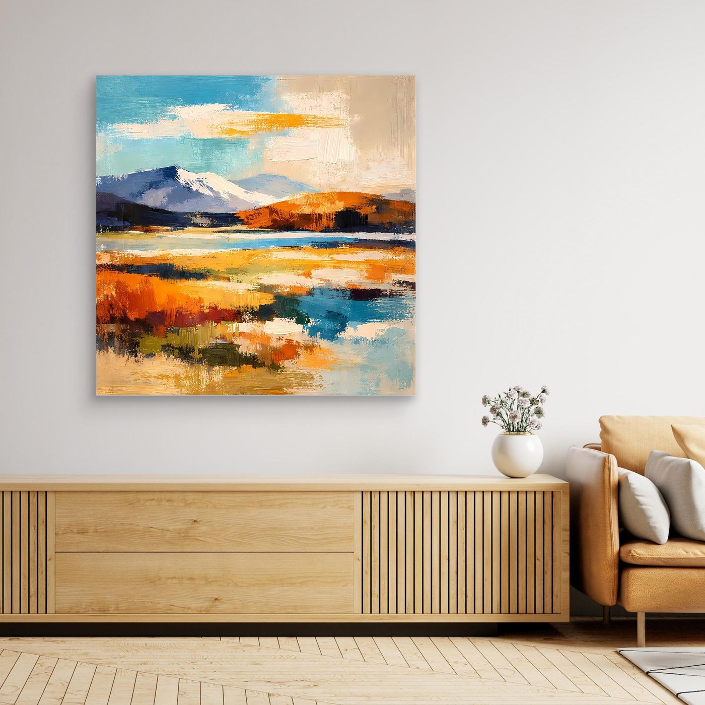 Leinwandbild mit abstrakter Berg- und Wasserlandschaft in Blau- und Orangetönen