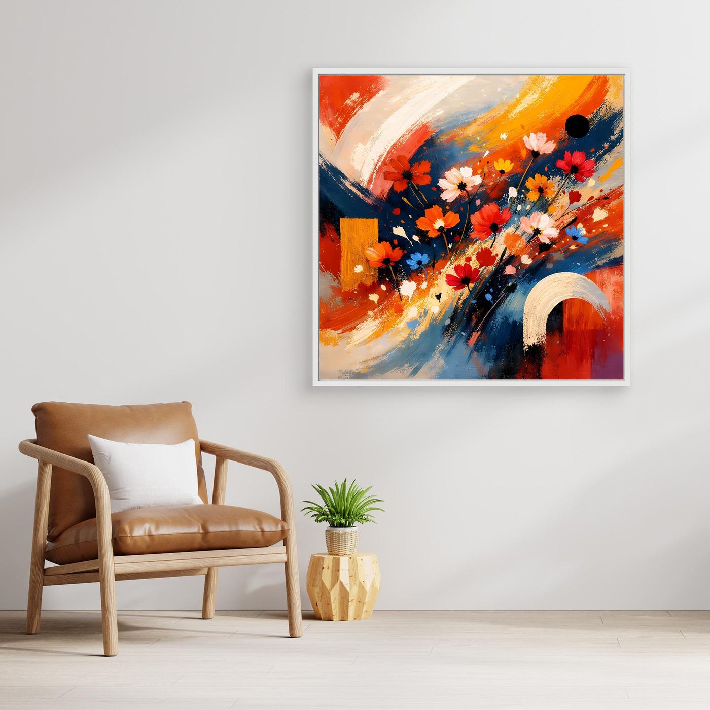 Leinwandbild mit abstrakten Blüten: rote, blaue, orange Farbflecken, weißer Rand