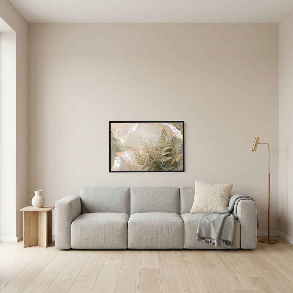 Kleines Wandbild-Poster mit Farnillustration in Perlmutt-Optik und goldenen Konturen im Rahmen