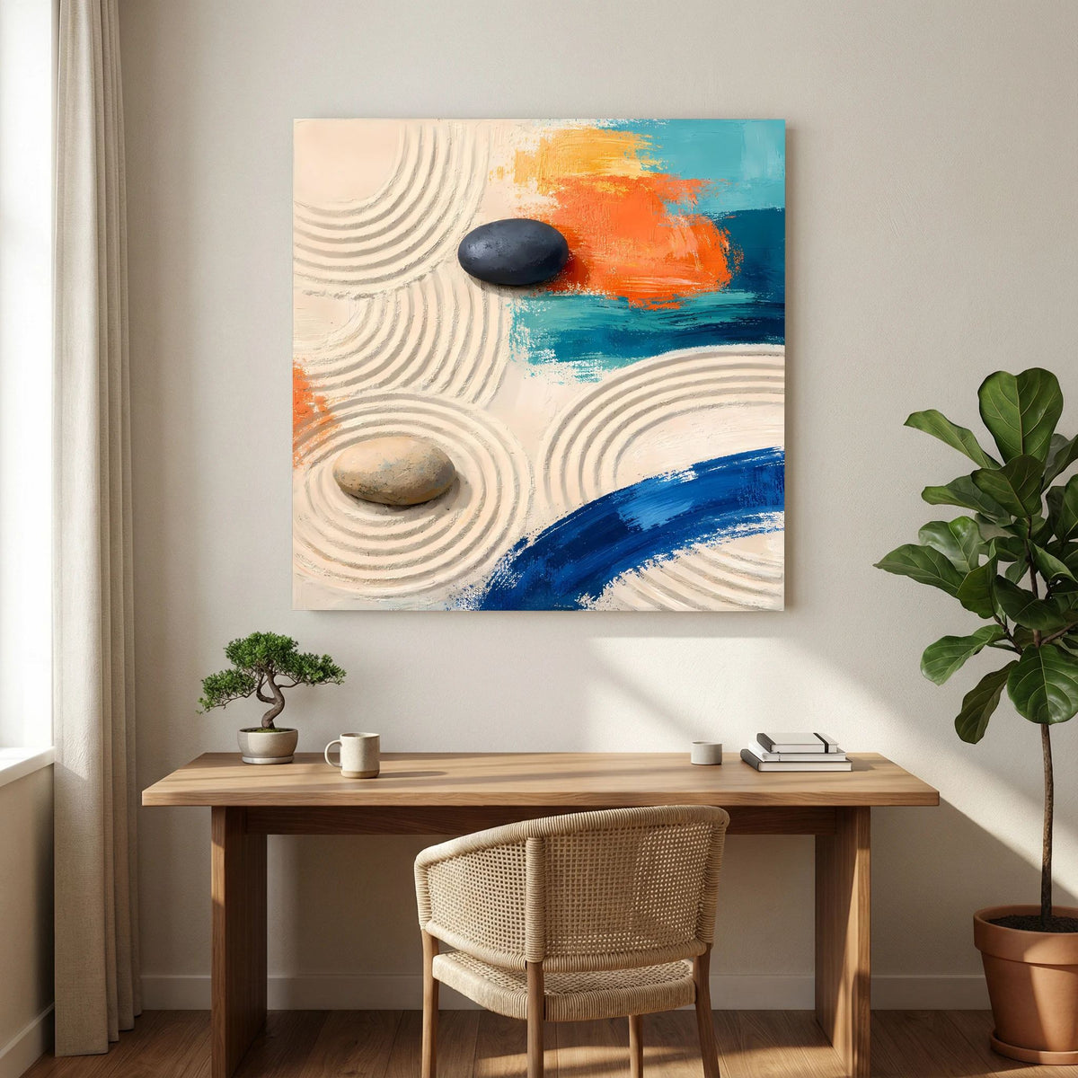 Abstraktes Leinwandbild mit Sandwellen, orange-blauem Farbauftrag und zwei Steinen