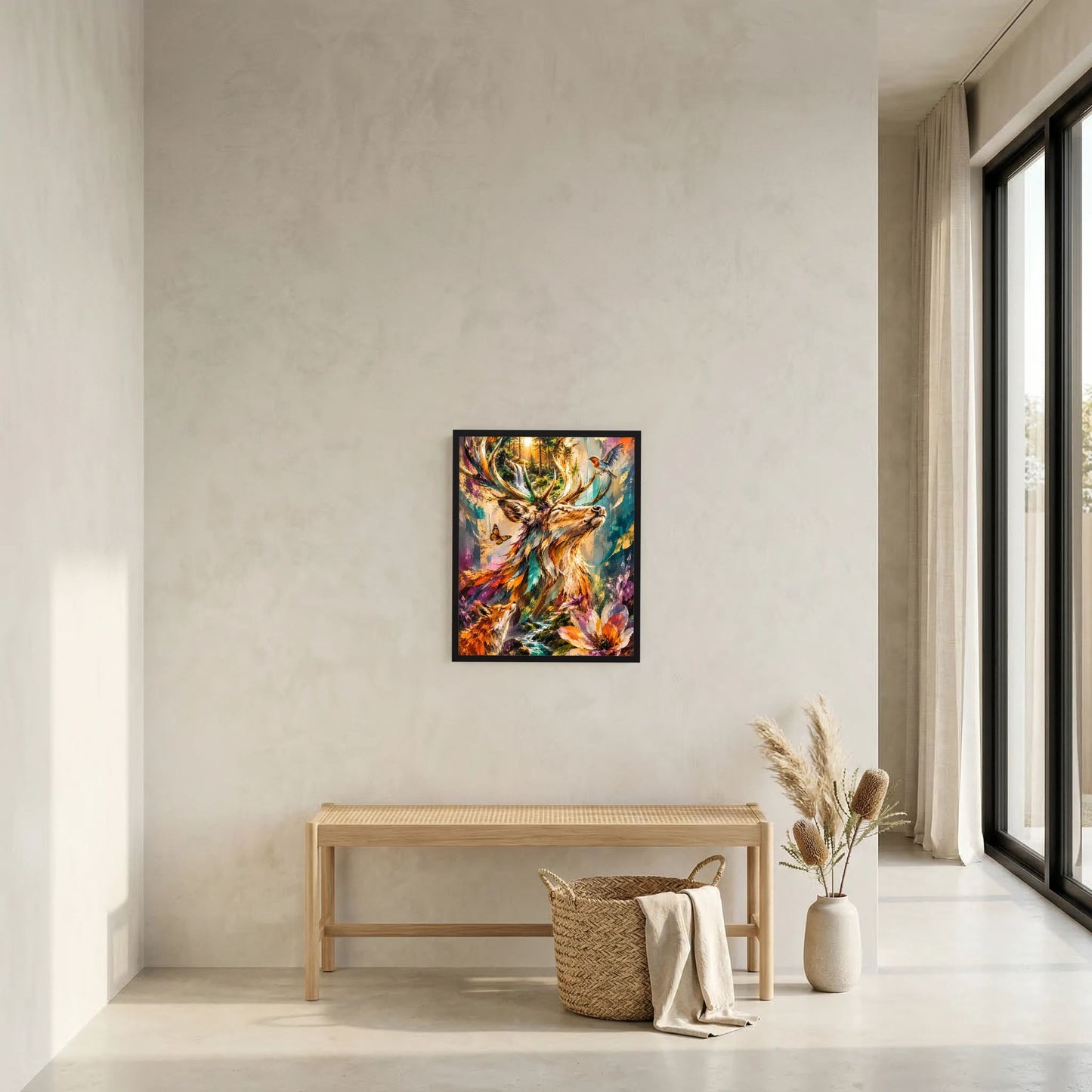 Hochformat-Poster im schwarzen Rahmen mit mehrfarbigem Hirschkopf und Vogel