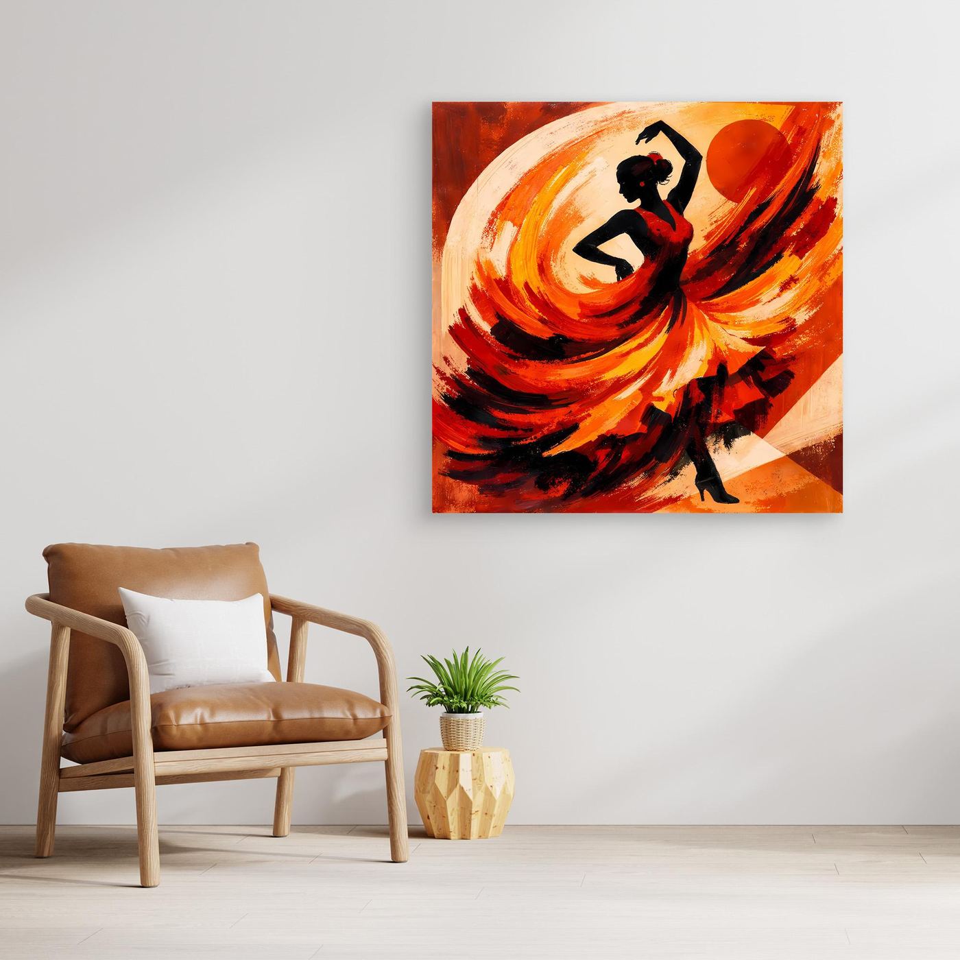 Gerahmtes Leinwandbild: abstrakte Flamenco-Tänzerin in Schwarz und Rot-Orange mit Sunburst