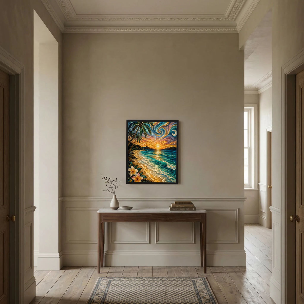 Gerahmtes Hochformat-Wandposter im Mosaikstil mit Palmen, Strand und goldenem Meer