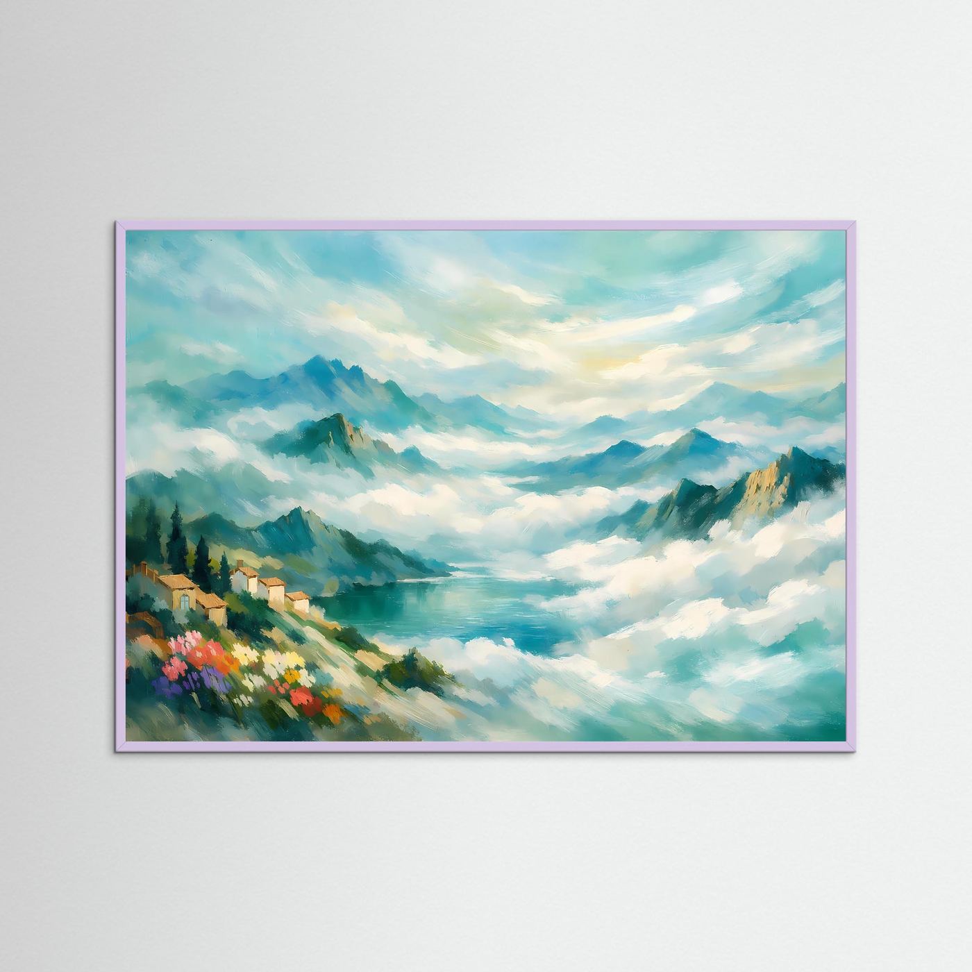 Wandbild Berglandschaft im Nebel, impressionistisch, mit violettem Rand