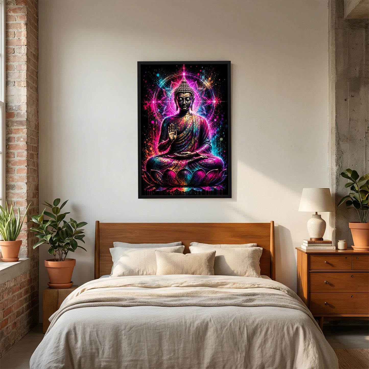 Hochformatiges Buddha-Neonmandala-Poster im schwarzen Rahmen: Meditationsbuddha auf Lotus, neonfarben pink/türkis