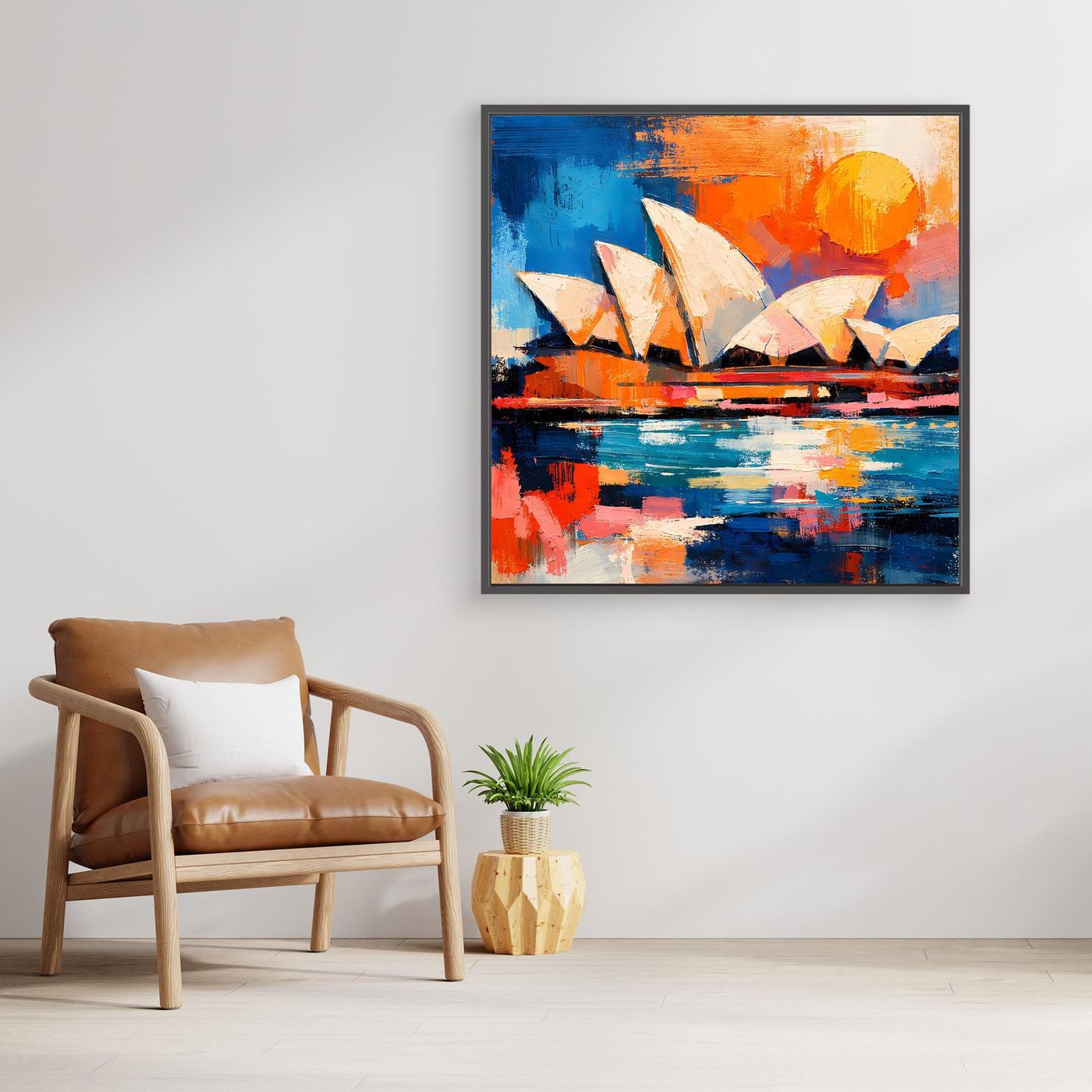 Abstract sailboat wall art with blue water and orange sky, dark frame