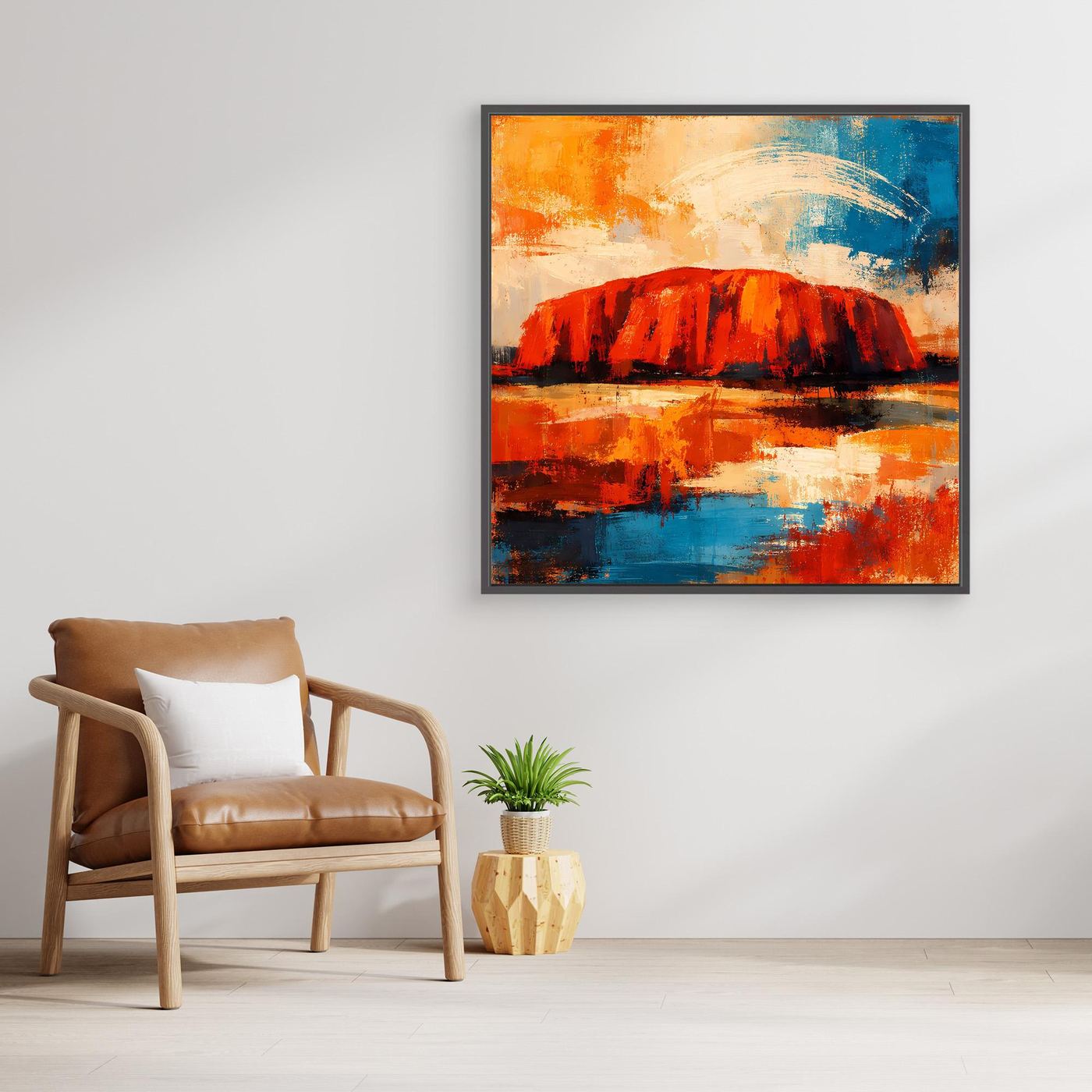 Abstraktes Leinwand-Wandbild: roter Felsen am Ufer, blaues Muster, hell gerahmt