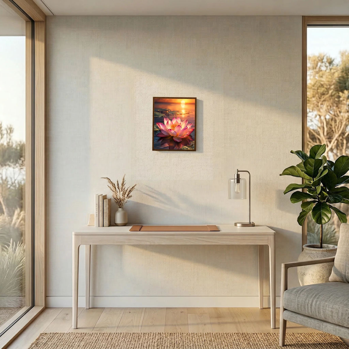 Poster mit rosa Lotusblüte beim Sonnenuntergang in schwarzem Rahmen an der Wand