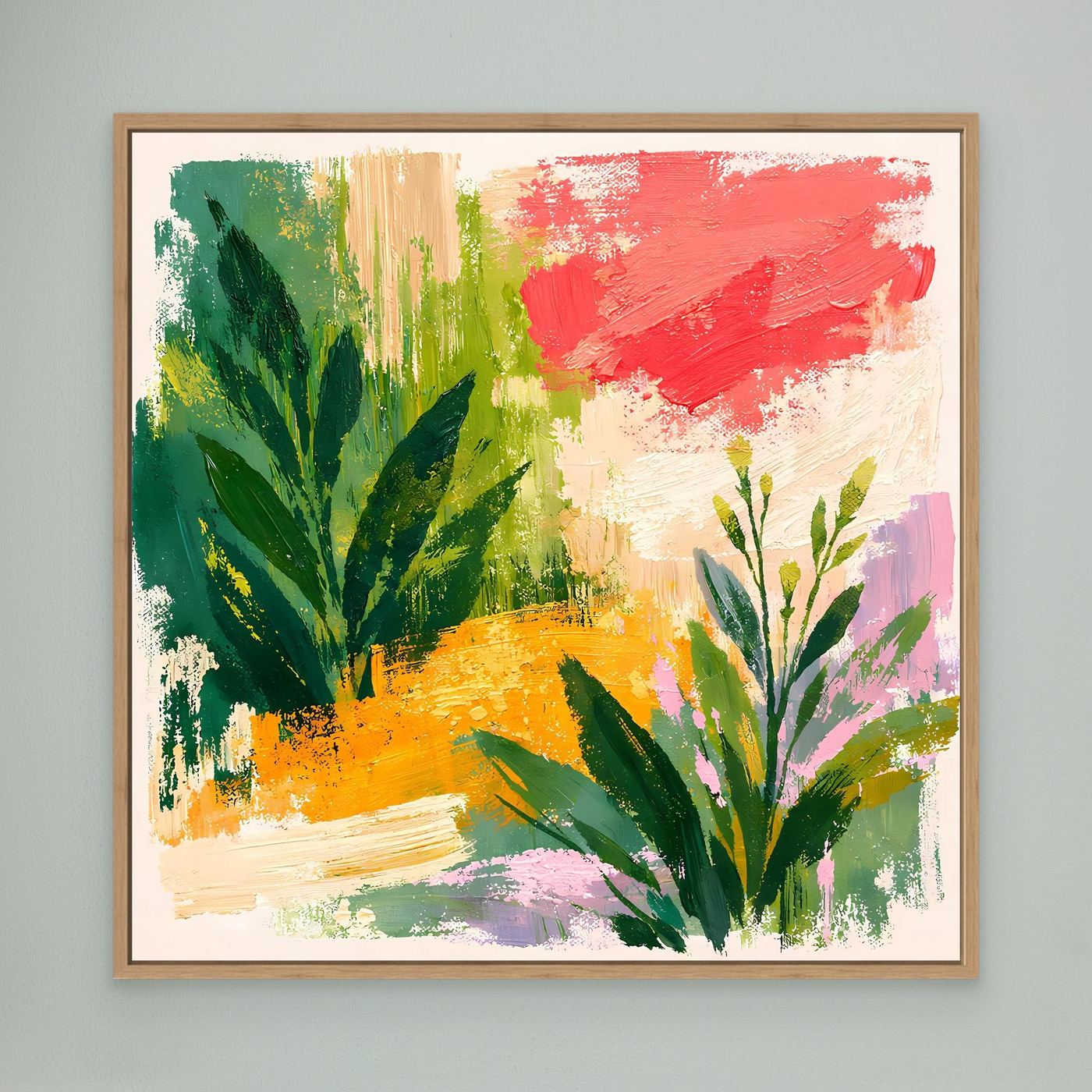 Abstract botanical landscape canvas print in an oak frame with green leaves and red brushstrokes