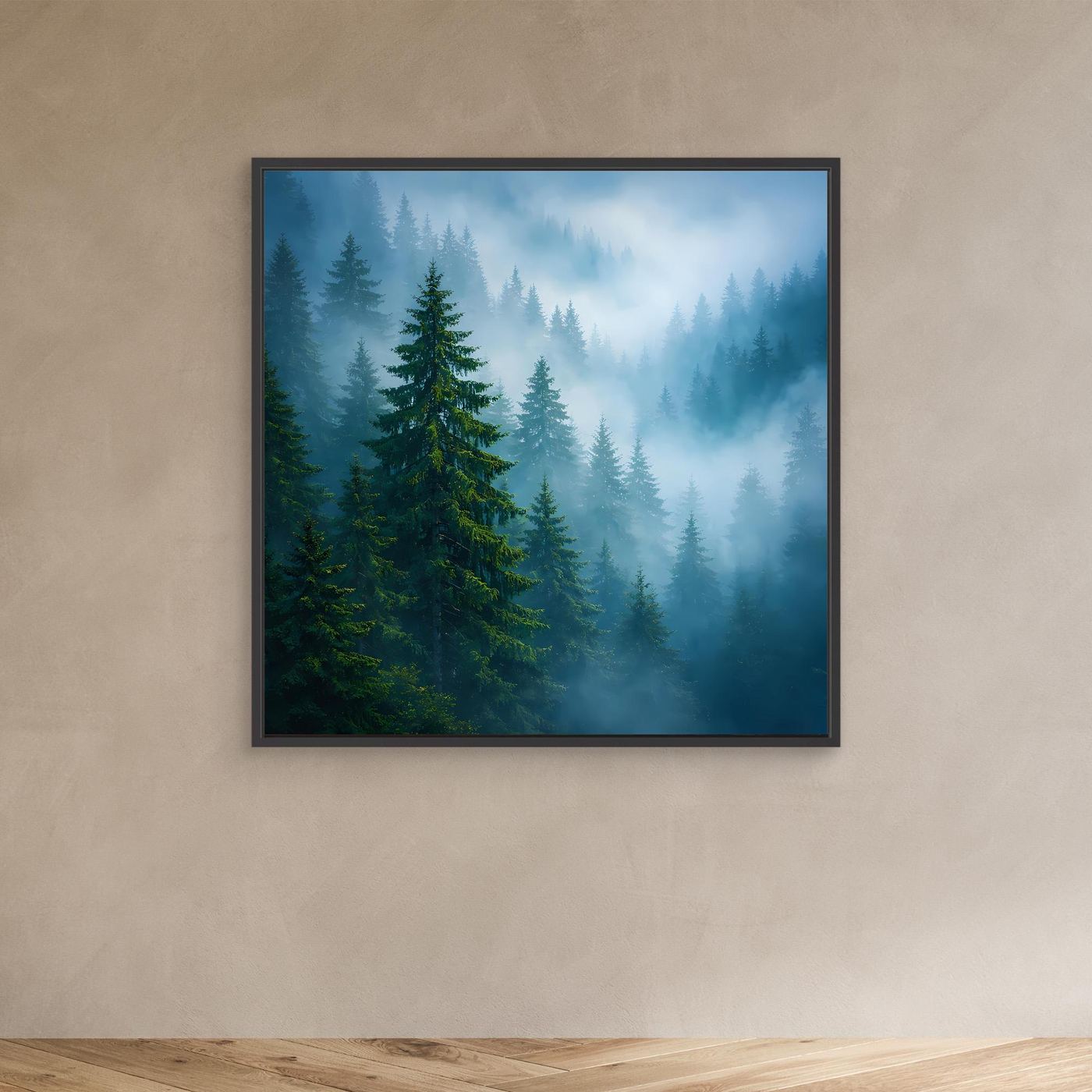 Leinwandbild Tannenwald im Nebel mit schwarzem Rahmen