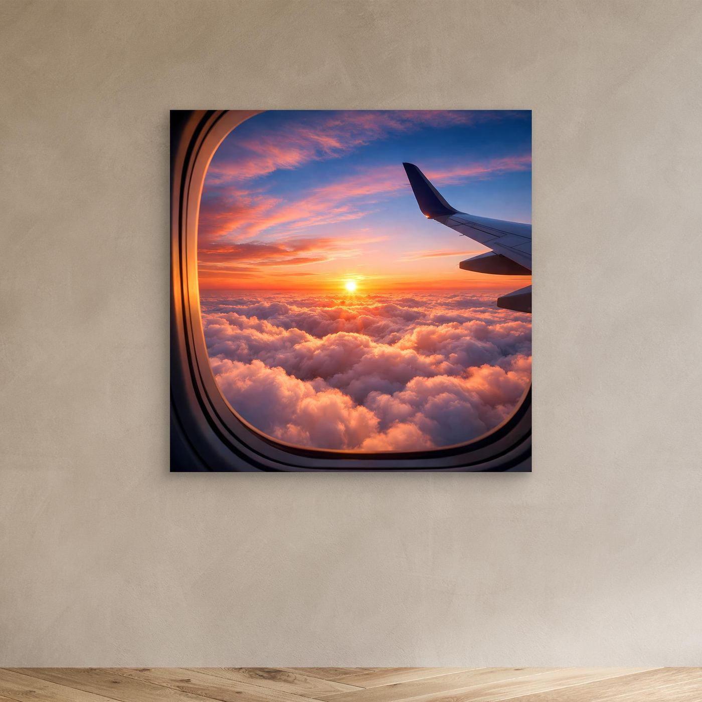 Leinwandbild Flugzeugfenster mit Sonnenuntergang über Wolken, schmaler Rahmen dunkel